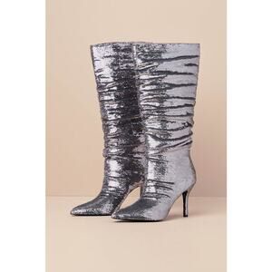 D'Amelio Footwear Cristean Silver Sequin Pointed-Toe Slouchy Knee-High Boots